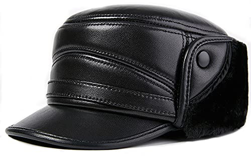 WHSPORT Herren Leder Baseballmütze Schirmmütze Kappe Herbst und Winter Baseballkappe Warme Mütze mit Ohrenschützer (Color : Black, Size : 59-60)