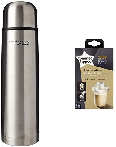 ThermoCafé Stainless Steel Flask, Multi-colour, 1.0 L & Tommee Tippee Milk Powder Dispensers, 6 Pack