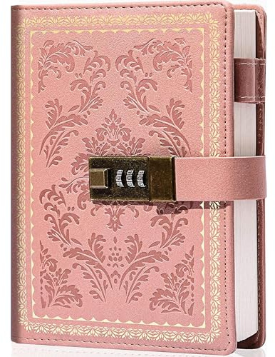 Lock Diary Vintage Journal with Lock for Women Leather Diary with Lock Refillable Personal Locking Locked Journal Writing Notebook B6 Secret Journal with Combination Password 14.0 cm x 19.8 cm, Pink