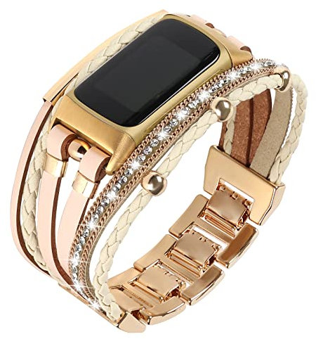 YOSWAN Leather Bands Compatible with Fitbit Charge 5 Bands for Women, Boho Handmade Multilayer Wrap Bracelets Jewelry Strap Wristband Replacement for Fitbit Charge 5 Fitness Tracker (Khaki/Gold)
