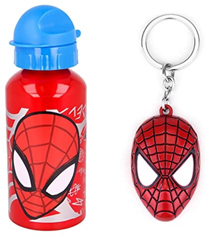 OM SUPPLIES Spiderman Urban Web Characters Aluminium Sports Bottle 500ml - Holiday, Back to School Water Drinking Kids Lunch Children Includes Spiderman Keychain
