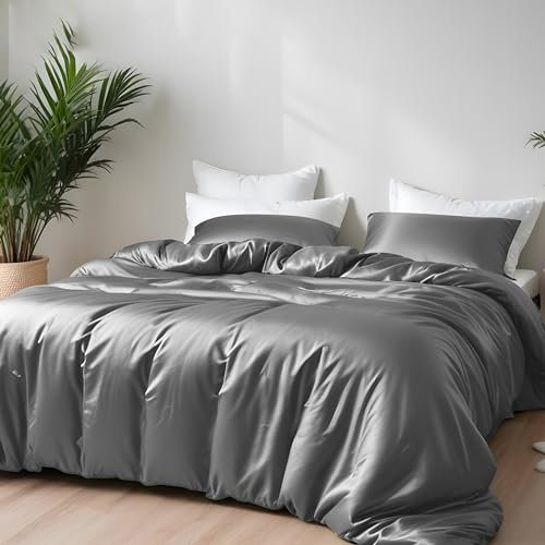 LINENWALAS Parure de lit 2 pièces en bambou 100 % bio avec fermeture éclair et attaches de coin - Housse de couette en bambou doux et frais pour lit simple (140 x 200 cm, gris clair)