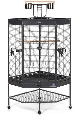 Prevue Pet Products Corner Bird Cage with Playtop - Large Cage with Rolling Stand, Comes with Wooden Perches & Double Food & Water Cups, Secure Side Door Locks, Elevated Playtop for Enrichment - Black