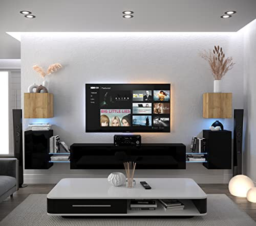 Furnitech Wohnwand Wohnzimmer | Hängend Wohnwand Modern | Wohnzimmer Schrankwand mit Regale und TV Schrank | Wohnzimmer Möbel ohne LED (AN105-21DZB-HGM3 1A)