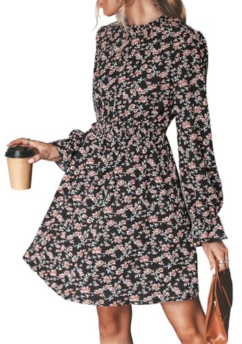 CUPSHE Women's A-Line Mini Dress Flowy Swing Ditsy Floral Print Long Sleeve Round Neck Smocked Fall Party Casual Dress Black M
