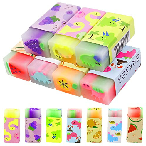 Weicher Radiergummi, 7 Pcs Kinder Dinosaurier Obst Muster Würfel, Zuverlässig für Bleistifte und Buntstifte, Duftend für Schule, Zuhause und Büro