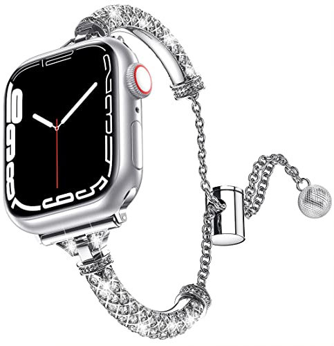 Metallo Cinturino Compatibile con Apple Watch 45MM Serie 8, Donne Ragazze Scintillante Gioielli Bracciale di Ricambio Regolabile Acciaio Sport Loop per iWatch 42/44MM Serie 8/7/6/SE/5/4/3/2/1, Argento