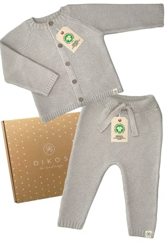 DIKOS® Baby Strickset - warmes grau | Babykleidung aus 100 GOTS% BIO-Baumwolle | Neugeborenen Outfit | gestrickt hautfreundlich | Strickjacke mit Hose | Baby Erstausstattung Geschenk zur Geburt