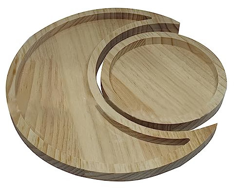 Soulnioi Wooden Crystal Holder Moon Tray, Crescent Moon and Sun Wooden Decorative Tray, Round Crystal Wood Organizer Tray for Crystals Storage, Jewelry Display and Cosmetics