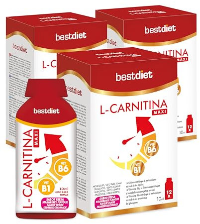 BestDiet - L Carnitin Flüssig - mit Vitamin B1 und B6 für Mann und Frau, Allergenfrei, Abnehmend, Erdbeergeschmack, Vegan, Packung mit 3 Packungen mit 12 Sticks, Monodosis von 10 ml.
