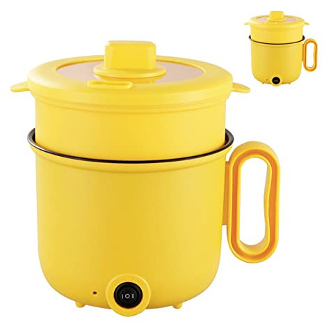 Electric Cooking Pot, Coated Inner Wall Multifunction Electric Cooker 1.5L for Home (Yellow Double Layer)