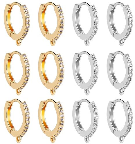 Beebeecraft 1 Box 12Pcs Round Leverback Hooks Gold and Platinum Plated Brass Cubic Zirconia Huggie Hoop Earrings Findings 2 Colors French Ear Wires Hoops with Loop for DIY Jewelry Making