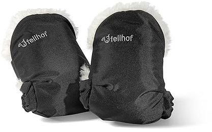 Fellhof® Kinderwagen Handwärmer UNI, 100% Merino-Lammfell, wind- u. wasserabweisend, reflektierende Streifen, OEKO-TEX® zertifiziert, Universalgröße für alle Kinderwagen schwarz