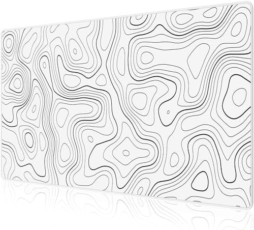 Anpollo Alfombrilla de ratón XXL Grande Con goma impermeabile y antideslizante para PC, MacBook, estudio, ordenador portátil, ordenador de juegos, hogar, Blanco topográfico, 900 x 400 mm