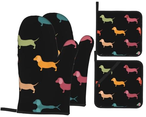 Trukd Ofenhandschuhe mit niedlichem Dackel-Motiv, 2 Handschuhe und 2 Topflappen, für Küche, Mikrowelle, Grill, hitzebeständig