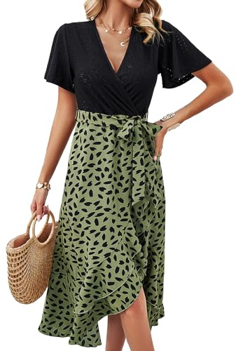 IFFEI Sommerkleid Damen Elegant Schlitz Boho Blumenkleid Leichte Knielang Freizeitkleid mit Gürtel Freizeitkleid Grün XL