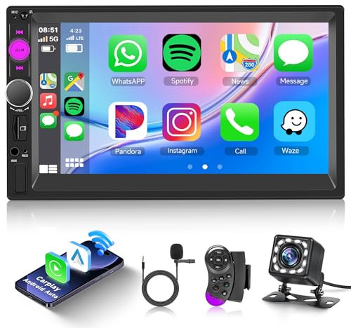Double Din Car Stereo Wireless Carplay, Rimoody 7 Inch HD Touchscreen 2 Din Car Radio Head Unit with Android Auto Mirror Link, Bluetooth, FM, EQ SWC/USB/TF/AUX/UI Remote Control + Backup Camera