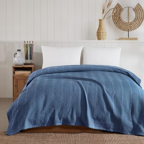 Elart Elegante Vielseitige Wohndecke Als Bettüberwurf Oder Sofaüberwurf | Tagesdecke Baumwolle Sommerdecke | Luftig Leicht Und Weiche Natur Pique | Für Familie Ideal (Blau, 210 x 230 cm)