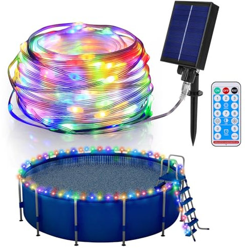 Luci solari per piscina da 20 m per piscine fuori terra, 180 LED impermeabili, luci per trampolino per piscine con telaio, 8 modalità di colore, accessori per piscina, luci decorative per esterni