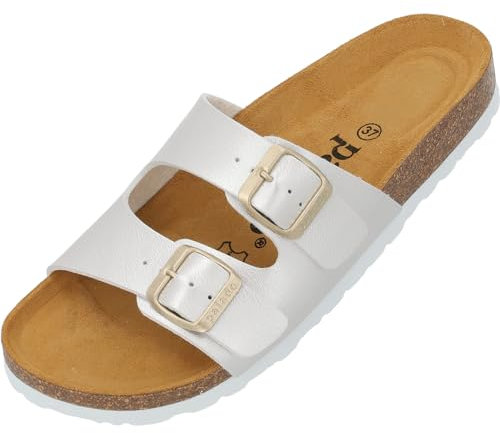 Palado Pantoletten Damen Milos Metallic – elegante Sandalen Made in Spain - bequeme Hausschuhe mit Kork-Fußbett - modische Sommerschuhe Silber UK9 - EU42