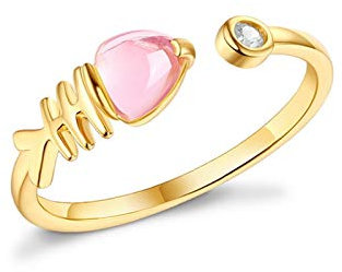 Bague Or - ANAZOZ Bague Ouverte en Argent Réglable, Plaqué Or 9 Carats, Anneau Poisson Orné de Quartz Rose, Bijoux Femme Fantaisie