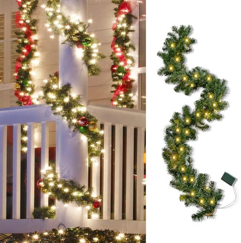 Auting Weihnachten Girlande mit Beleuchtung,1 Stück 50LED 2.7M Warmweiß Girlande Tannengrün Weihnachten Deko Batteriebetriebene mit Timer, Weihnachtsdeko Tannengirlande Lichterkette für Innen & aussen