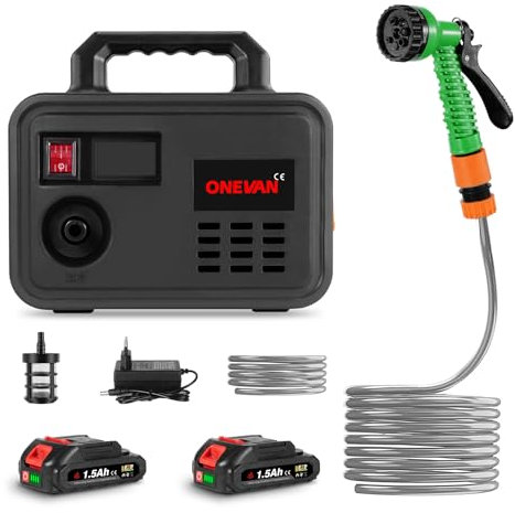 ONEVAN Akku Wasserpumpe mit 4000mAh Akku, 15L/min Elektrische Gartenpumpe Abpumpen Wasserpumpe mit Wasserschlauch, Filter und 7-in-1 Sprinklerkopf