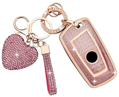 Autoschlüssel hülle Cover mit Diamant Bling Schlüsselanhänger aus Weichem TPU,3 Tasten für BMW 1er 2er 3er 4er 5er 6er 7er M2 M3 M4 M5 M6 F10 F11 F20 F21 Schlüsselhülle(Rosa