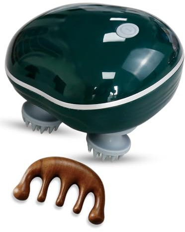 Elektrisches Kopfmassagegerät mit Infrarot Wärmelampe + Holzmassagekamm | Trocken & Nass (IPX7) | 10 Min Akkulaufzeit (wiederaufladbar - inkl. Ladekabel) | Tiefenreinigung für die Kopfhaut (Grün)