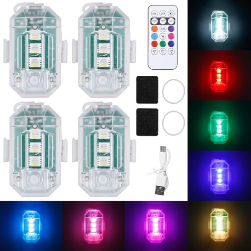 GOMETY 4 Stück Auto Fernbedienung Blitzlicht, 8 Farben Drahtlose Auto LED Blitzlichter mit Fernbedienung und USB-Aufladung, LED Flugzeug Blitzlichter Blitzleuchte für Auto LKW, Motorrad, Drohne
