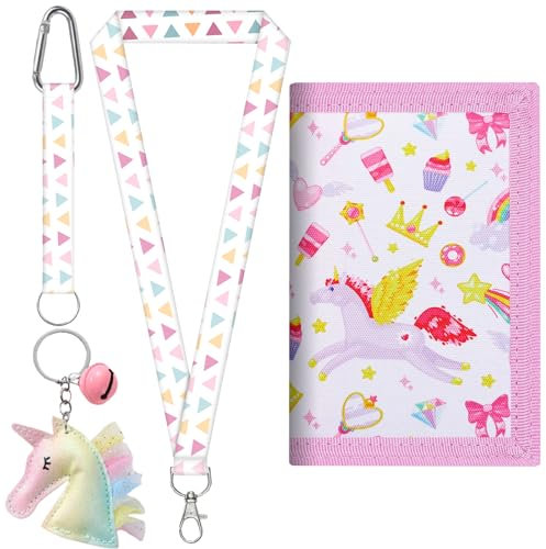 LUKIUP Kinder Geldbörse, Mini Portemonnaie, Brustbeutel Mädchen, Dreifach Gefaltete Geldbörse, mit Klettverschluss, Kordelband,Geldscheinfach und Münzfach Sichtfenster (Einhorn Pink)