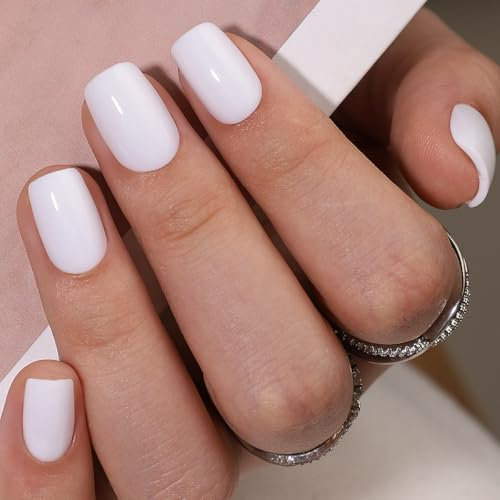 Anglicolor Faux ongles,ongles à coller réutilisables,Faux ongles blancs,32 faux ongles courts en gel souple, y compris colle à ongles, lime à ongles et bâton de manucure (White-A3, 32 pièces)