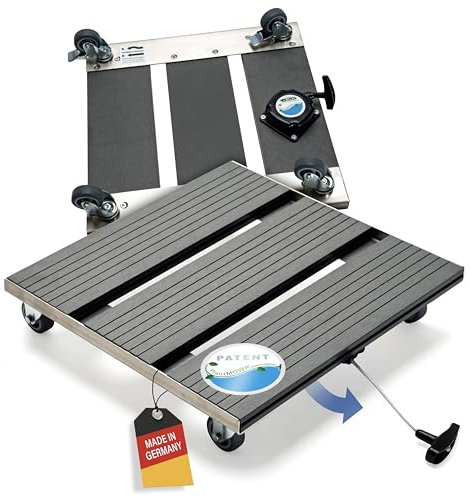 PlantMOVER Pflanzenroller mit Seilzug - 150kg Tragkraft 42x42cm – Edelstahl/WPC Pflanzenroller eckig mit robusten Rollen - Witterungsfestes Rollbrett für Pflanzen - Einfach ziehen, Made in Germany