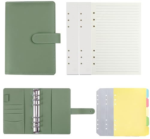 Ringbuch A5, 6 Ringe A5 Binder, PU Leder Binder Notizbuch, mit Nachfüllpapier und Trennblätter, Budget Planner Notizbuch für Büro, Schule, Reisearbeit, Olivgrün