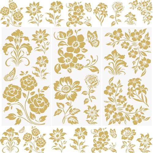 WANDIC 3 Bogen Rub on Stickers, Goldene Vintage Aufkleber mit Blumen Muster, Europäischer Stil, Wasserdicht, Möbel, DIY Kunsthandwerk, Verzierungen für Fotoalbum und Scrapbook, 15 x 30 cm