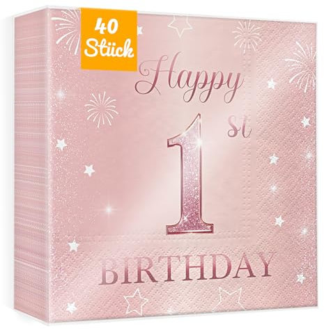 WenmthG Servietten 1. Geburtstag Mädchen Deko - 40 Stück Rosa Servietten 3-Lagige weich 33 x 33 cm - 1. Geburtstag Deko - Geburtstagsdeko 1 Jahr Kindergeburtstag