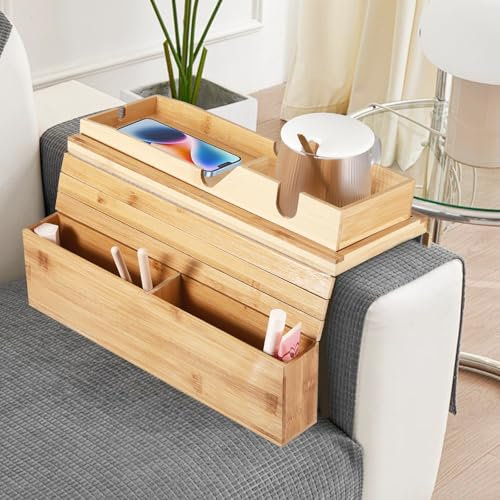 Bandeja de Brazo para Sofá,Mesa Plegable Sofa Mesa de Brazo de Sofá de Bambú Plegable,Bandeja para Reposabrazos de Sofá Antideslizante con Portavasos, Mesa Lateral para Aperitivos Teléfonos Mandos