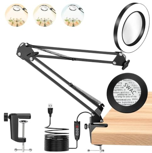 TANYO 10X Lupe mit Licht, 72LED Lupenlampe, Schreibtischlampe für Hobby | 3 Farbmodi, 10 Helligkeiten, Flexibler Schwenkarm, Stabile Klemme, Nähen, Schmuck, Reparatur