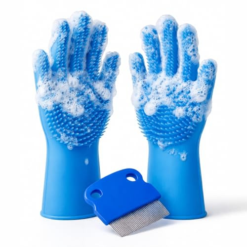 Pet Grooming Gloves with Pet Comb, Gentle Dog Bathing & Deshedding Gloves, Soft Silicone Hair Removal Mitt with High-Density Teeth, Efficient Pet Hair Remover for Cats & Dogs