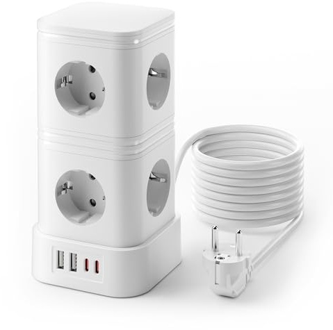 RIXGLEAM Mehrfachsteckdose Überspannungsschutz, 8 Fach Mehrfachsteckdose mit PD 20W USB C, Steckdosenleiste mit Schalter, Steckdosenwürfel mit Verlängerungskabel 2m, 16A/3840W, Weiß