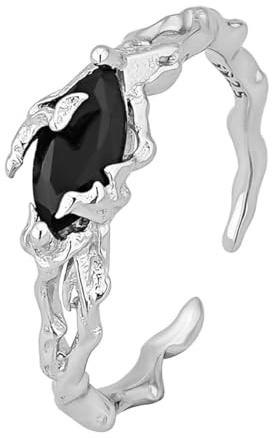 Gothic Black Stone Open Ring 925er Sterlingsilberringe für Frauen Verstellbarer, einzigartiger Ehering für Frauen Minimalistischer Statement-Schmuck für Hochzeitsfeiern und Abschlussbälle Silber