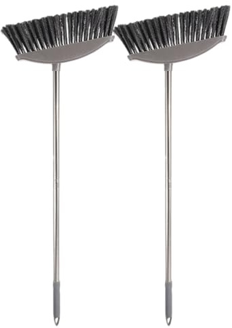 MAJORMENCH Escoba de Limpieza para Hogar y Terraza 2 Piezas con Mango de Acero Inoxidable, Cerdas Duras Gris, Escoba Ergonómica para Pisos de Madera, Azulejos y Cemento