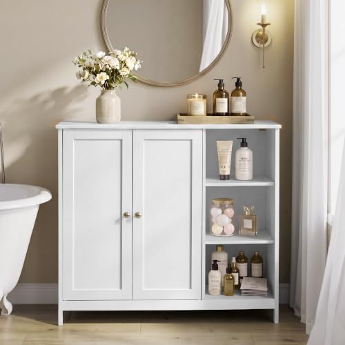 VASAGLE Bathroom Cabinet, Freestanding Floor Cabinet with Double Doors and Open Shelves, MDF Storage Cupboard, Adjustable Shelves, 90 x 30 x 80 cm, Cloud White, SIREN Collection BBK070WB01 | Standing Cupboard, Adjustable Shelves, MDF Board, 90 x 30 x 80 cm, Cloud White, Collection SIREN BBK070WB01