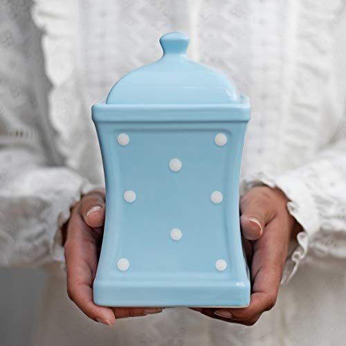 City to Cottage - Keramik Behälter Küche 900 ml | Hellblau und Weiß | Polka Dots | Handgemacht | Behälter mit Deckel | Keksdose Keramik