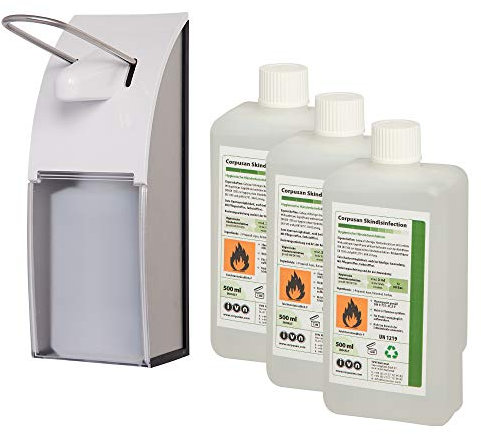 Blanc HYGIENIC Desinfektionsspender Universal – Armhebel-Spender für Wandmontage und 6X 500 ml Desinfektionsmittel, ergiebige Händedesinfektion, Weiß