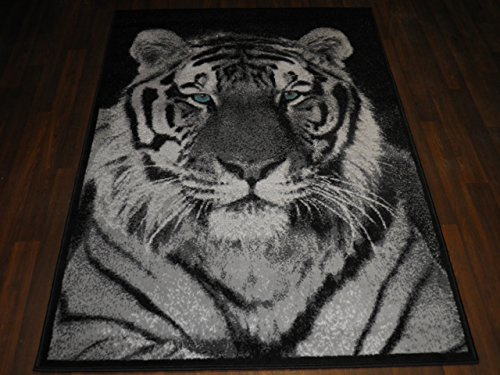 OrientalRugCompany Tiger Rugs Tiger Print Carpets/Mats 120x170cm Wildlife Black/grey Silver Home Living Room Tough Soft Pile