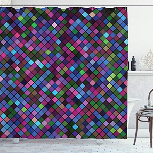 ABAKUHAUS Abstrakt Duschvorhang, Mosaik-Pixel-Muster, Stoffliches Gewebe Badezimmerdekorationsset mit Haken, 175 x 200 cm, Lila Grün