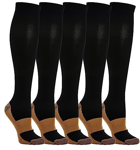 5 Paar Kompressionsstrümpfe Kniestrümpfe Stützstrümpfe Laufsocken für Damen & Herren, Sport, Laufen, Flug, Reisen, Schwangerschaft, Medizinische Kompressionssocken (Schwarz&Braun, m)