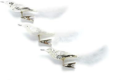 HEITMANN DECO Ornamento in vetro per uccelli con coda di piume e clip, decorazioni tradizionali per albero di Natale in vetro, set da 3 pezzi, argento