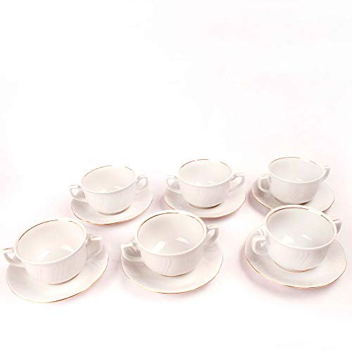 FRANQUIHOGAR - Bols à manger - avec poignées larges blanches avec fil d'or et bords ondulés - Porcelaine pour soupes et petit-déjeuner (6 tasses et 6 assiettes) LUBECK
